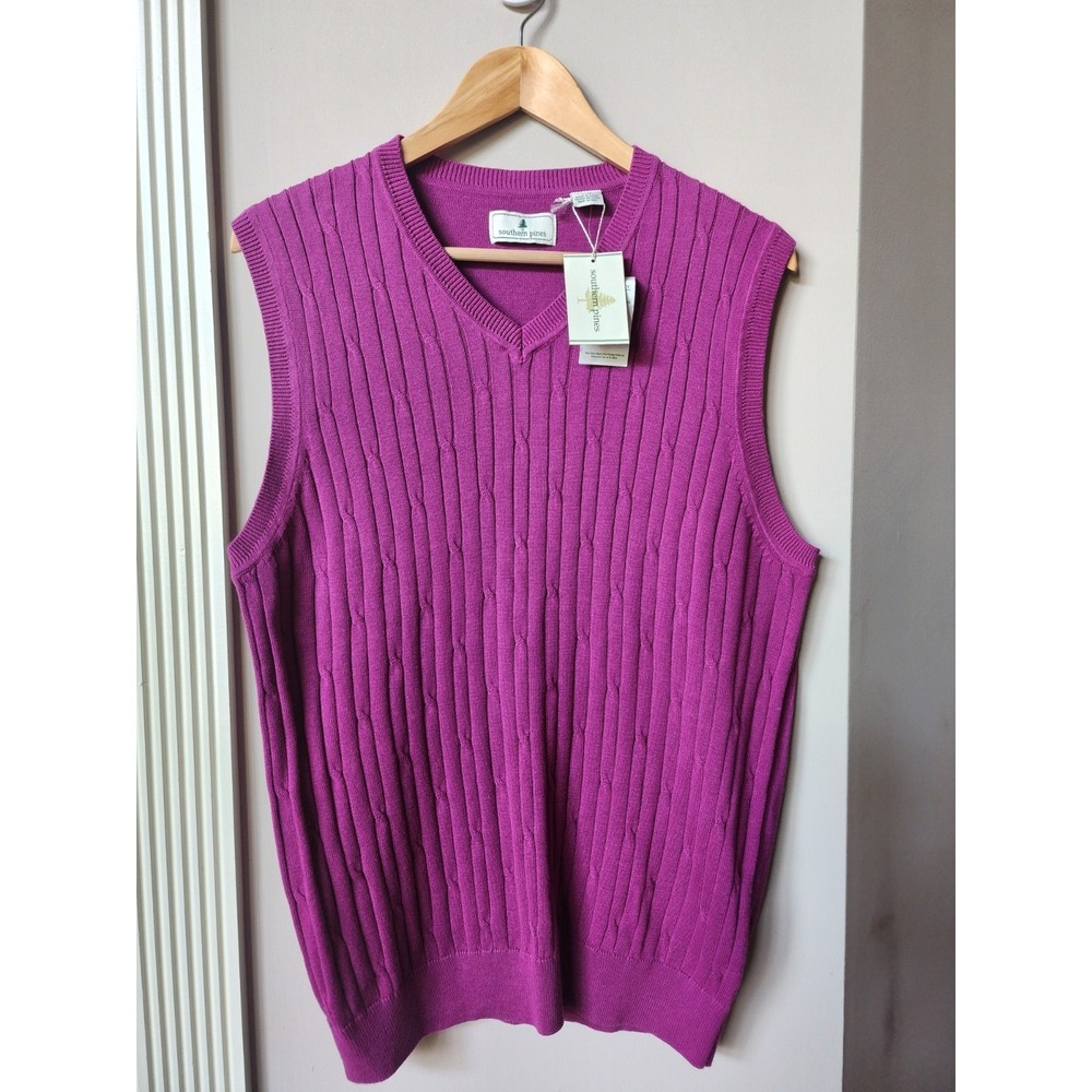 Southern Pines Cable Knit Vest Purple Pullover V-neck Cottage Mens Lg New NWT